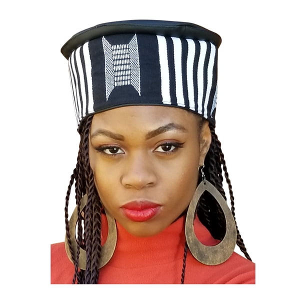 Hand Woven African Kente Kufi Hat - White & Black Pattern With Faux Leather, Made In Ghana 6 thumbnail image