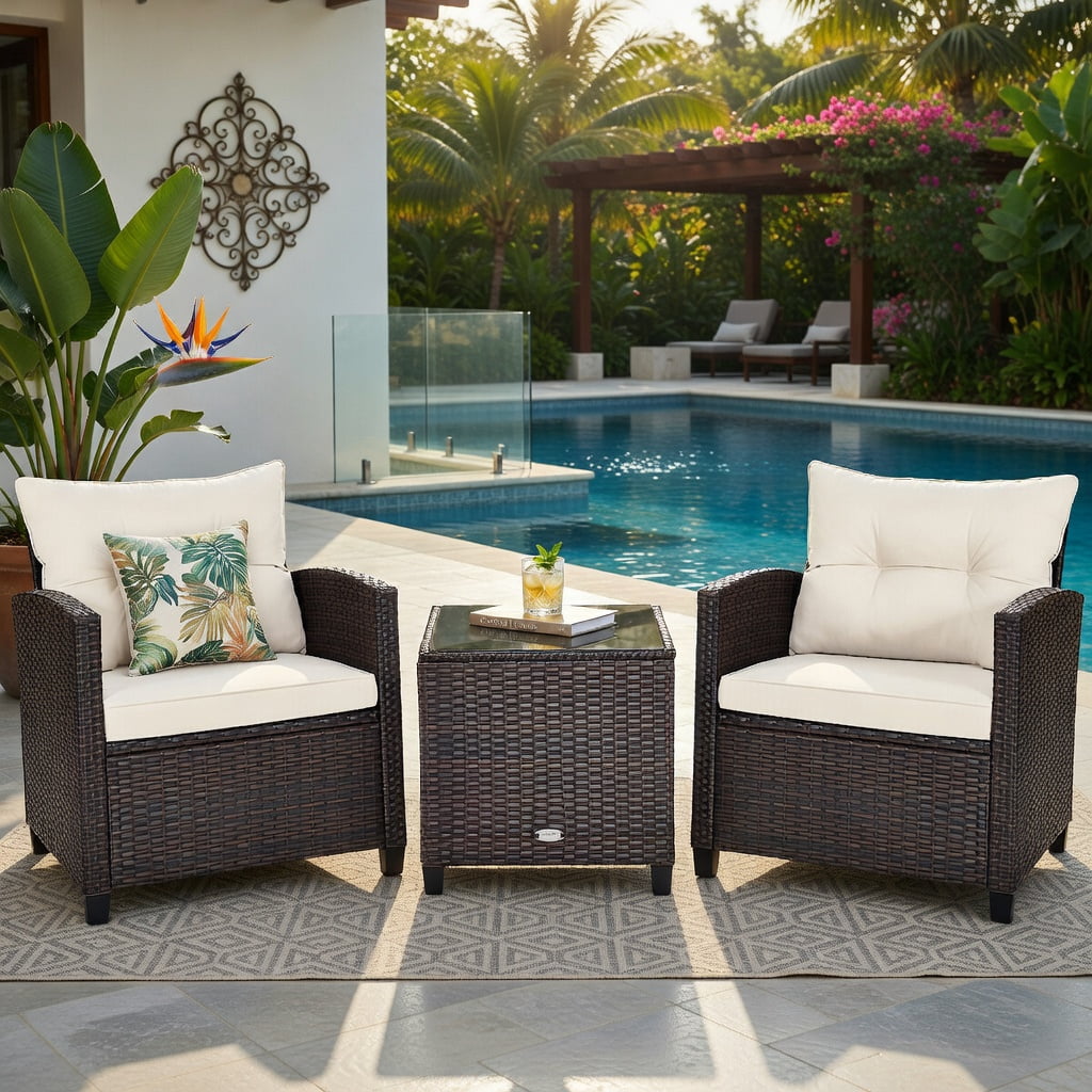 Hommoo 3-Piece Outdoor Rattan Patio Furniture Set with Cushions, Wicker Conversation Set Including 2 Chairs & 1 Coffee Table, White