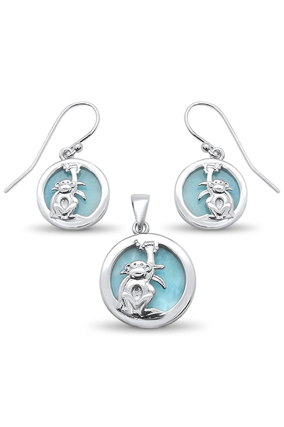 Natural Round Larimar Monkey Design Earrings Pendant Set Sterling Silver