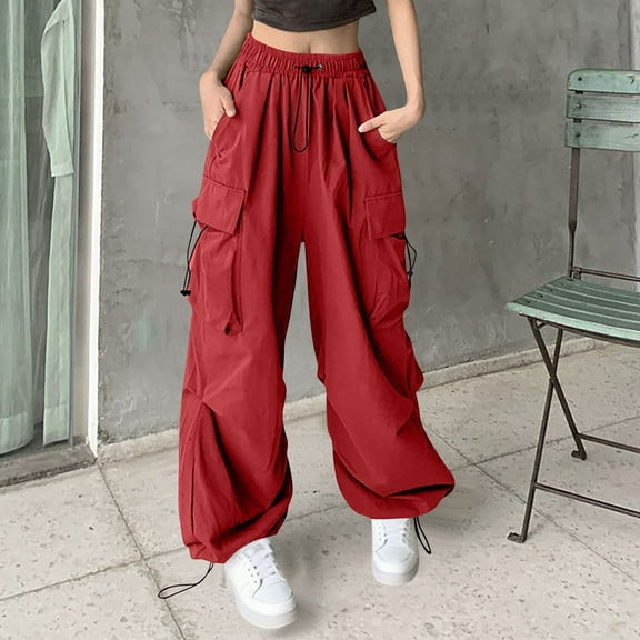 Blmnix Womens Pants Palazzo Plus Size Cargo Pants Jeans Full Wide-Leg Red High Baggy Elastic Waist Pants for Women,XL