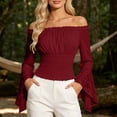 thumbnail image 4 of Women off Shoulder Lace Blouse, Convertible Square Neck Bell Long Sleeve Slim Top, Casual Elegant Shirt for Summer Autumn Dating Daily Outfits Red M(M), 4 of 7