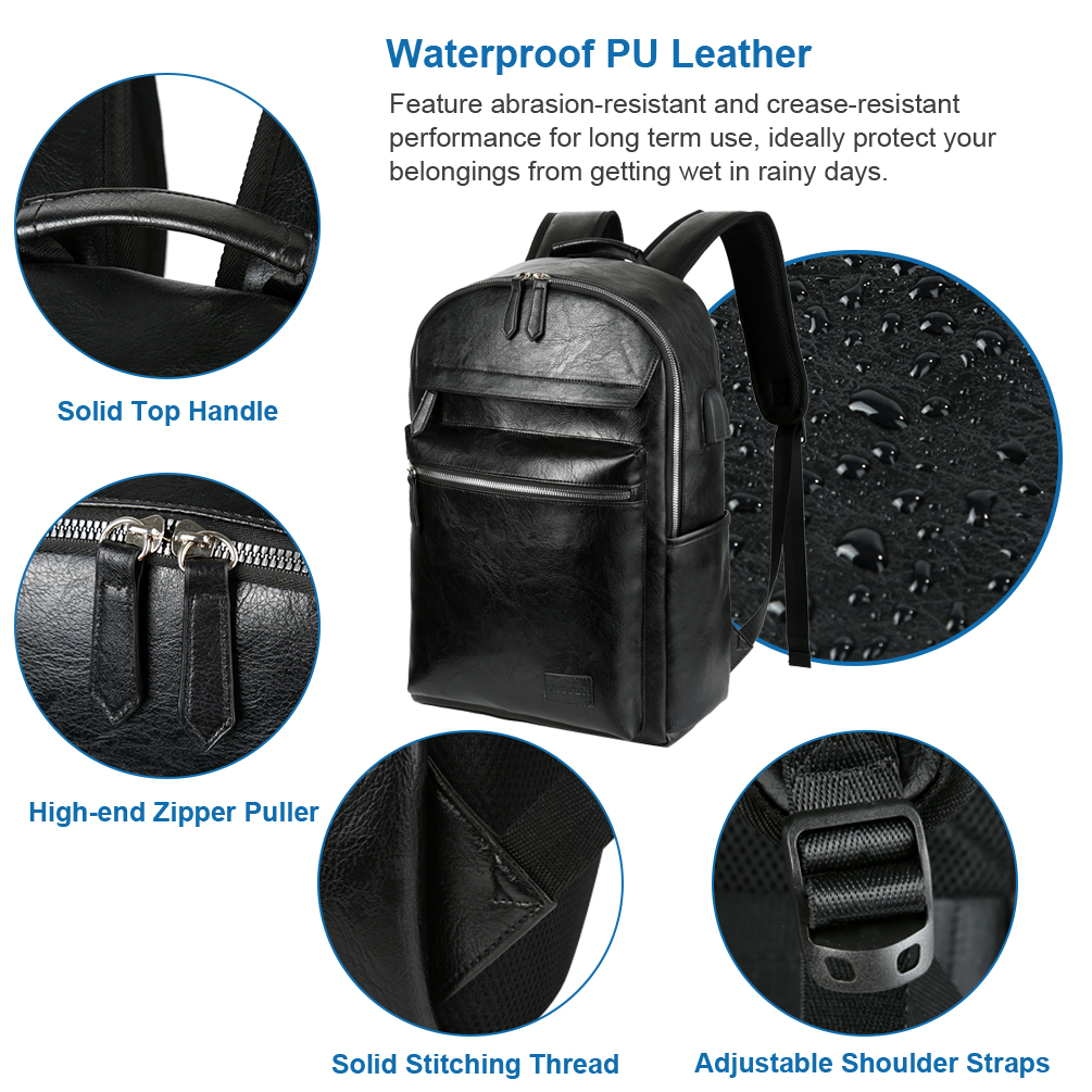 Vbiger PU Leather Backpack Trendy Business Backpacks Large-capacity Laptop Shoulder Bags Casual Outdoor Daypack Stylish College School Bag Waterproof Travel Backpack for Men, Black - image 5 of 9