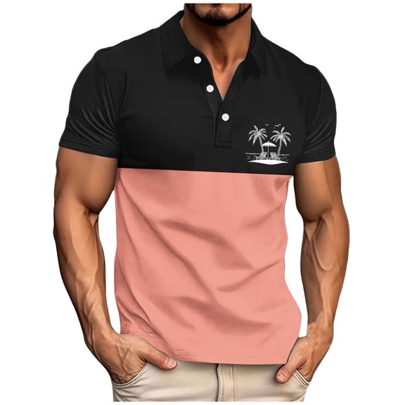 Zekutng T Shirts for Man Beach Palm Tree Print Collared Color-Blocked Short-Sleeve Shirt,Sizes S-3XL