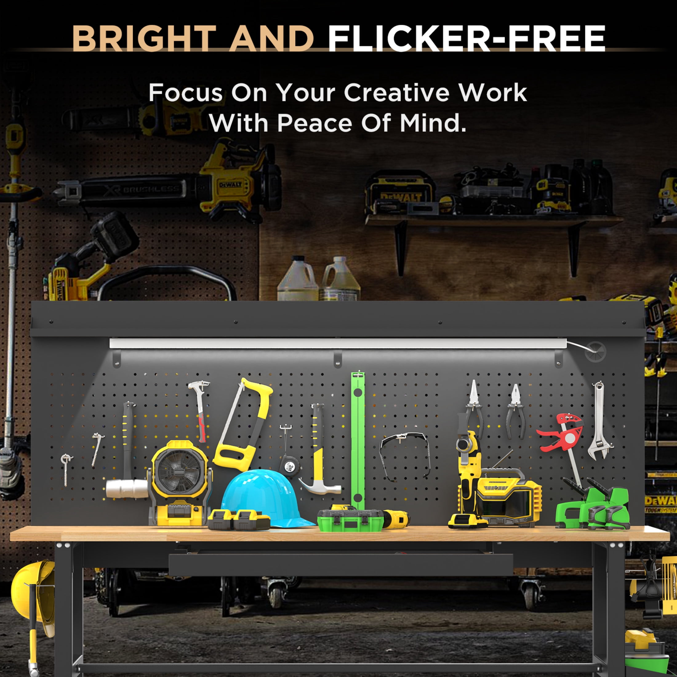 Noble House 60" Adjustable Height Workbench with Solid Wood Top, Heavy Duty Garage Work Table with Power Outlet, Black