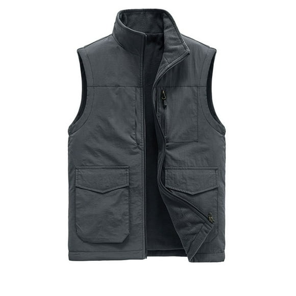 Wolfast Men's Fleece Fishing Vest Outdoor Work Quick-Dry Hunting Zip Reversible Travel Vest Jacket with Multi Pockets,Gray XXL