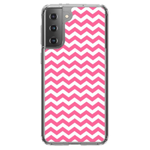 DistinctInk Clear Shockproof Hybrid Case for Galaxy S21 5G (6.2" Screen) - TPU Bumper, Acrylic Back, Tempered Glass Screen Protector - Pink White Chevron Stripes Wave - Chevron Stripes
