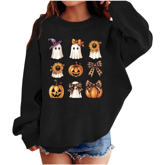 Enjoytime Halloween Kids Sweatshirts Boys Girls Ghost Print Long Sleeve Pullover Tops Fall Fashion Cute Crew Neck Sweatshirt 1-13 Years