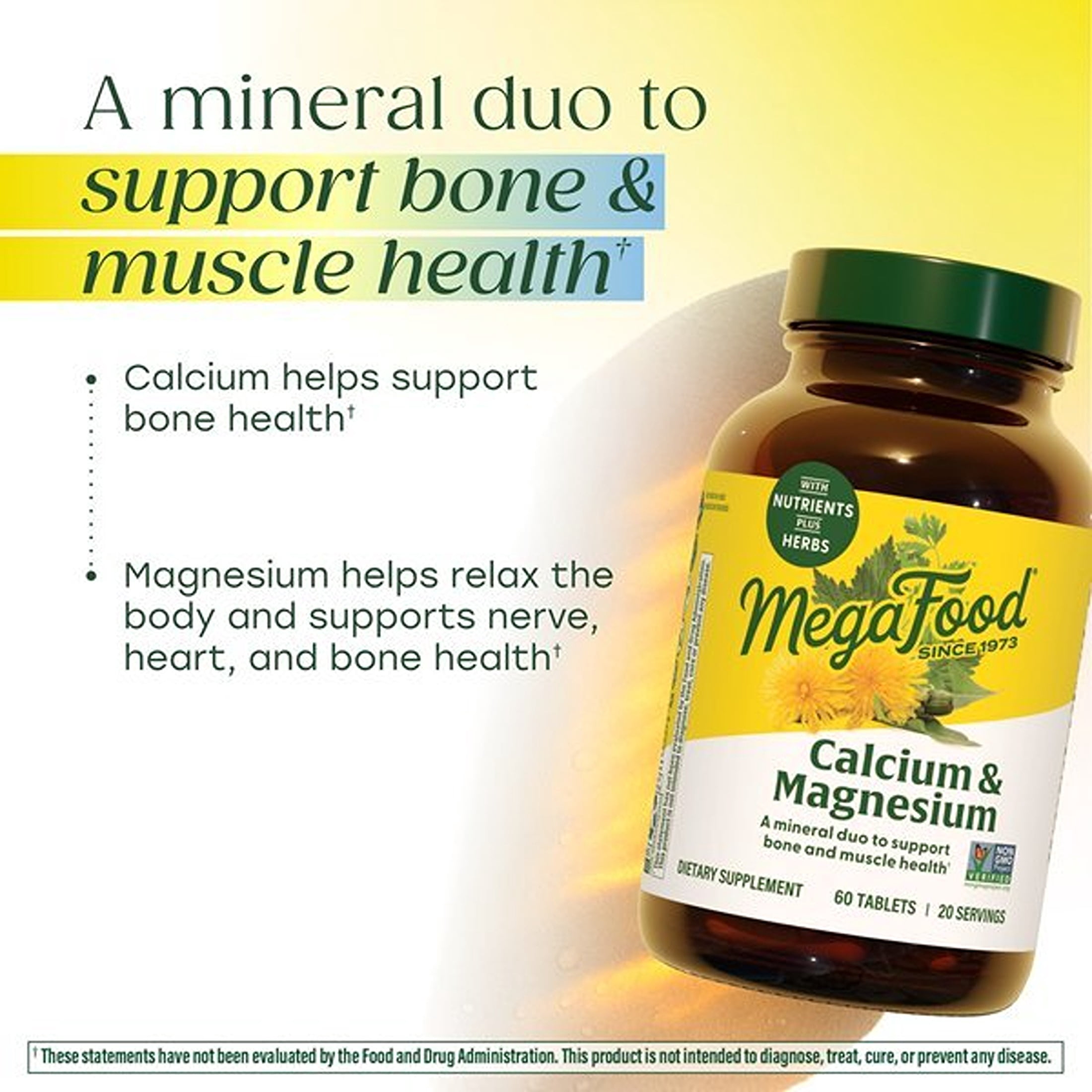 MegaFood Calcium & Magnesium - Fermented Glycinate - Bone & Heart Health - 30 Servings