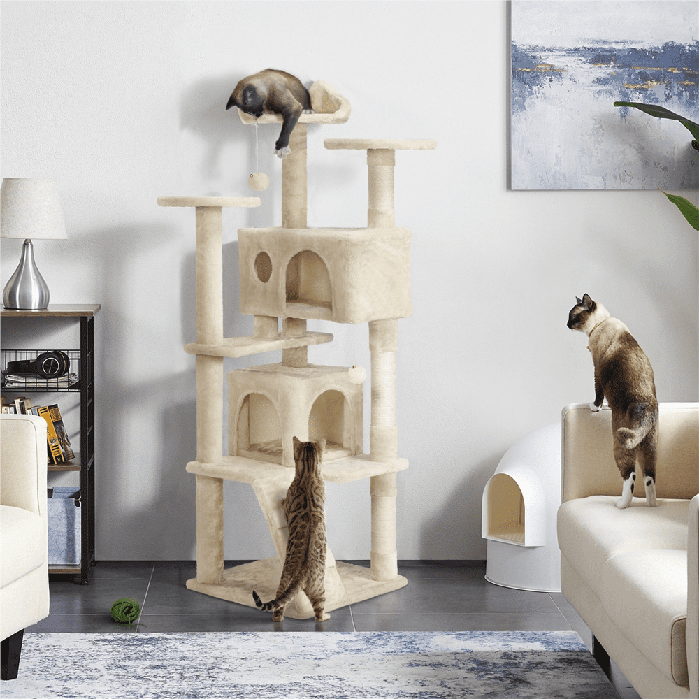 Yaheetech 62.2" H Multilevel Cat Tree with 3 Scratching Posts and Double Condos, Beige