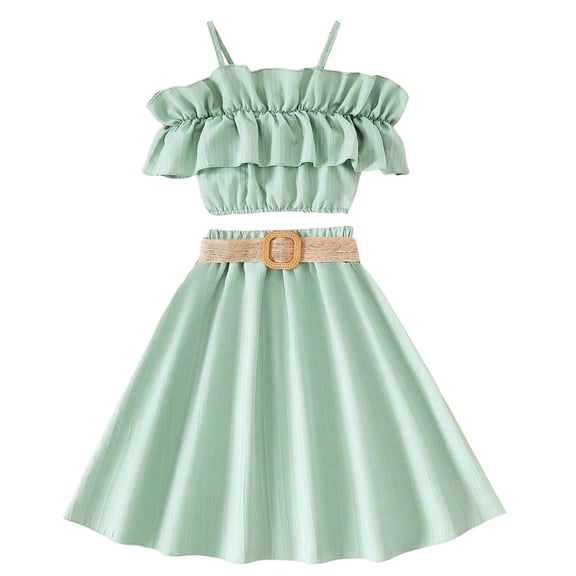 Toddler Girls Summer Sleeveless Solid Color Ruffles Tops Skirt With Belt 3PCS Outfits Clothes Set For Children Clothes,Size 9-10 Years