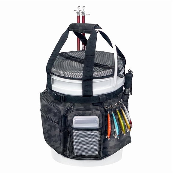 Boat Day Camouflage 600D Oxford Fishing Bucket Organizer with Rod Holder and Pliers Slot, Multi Pocket Tackle Bag