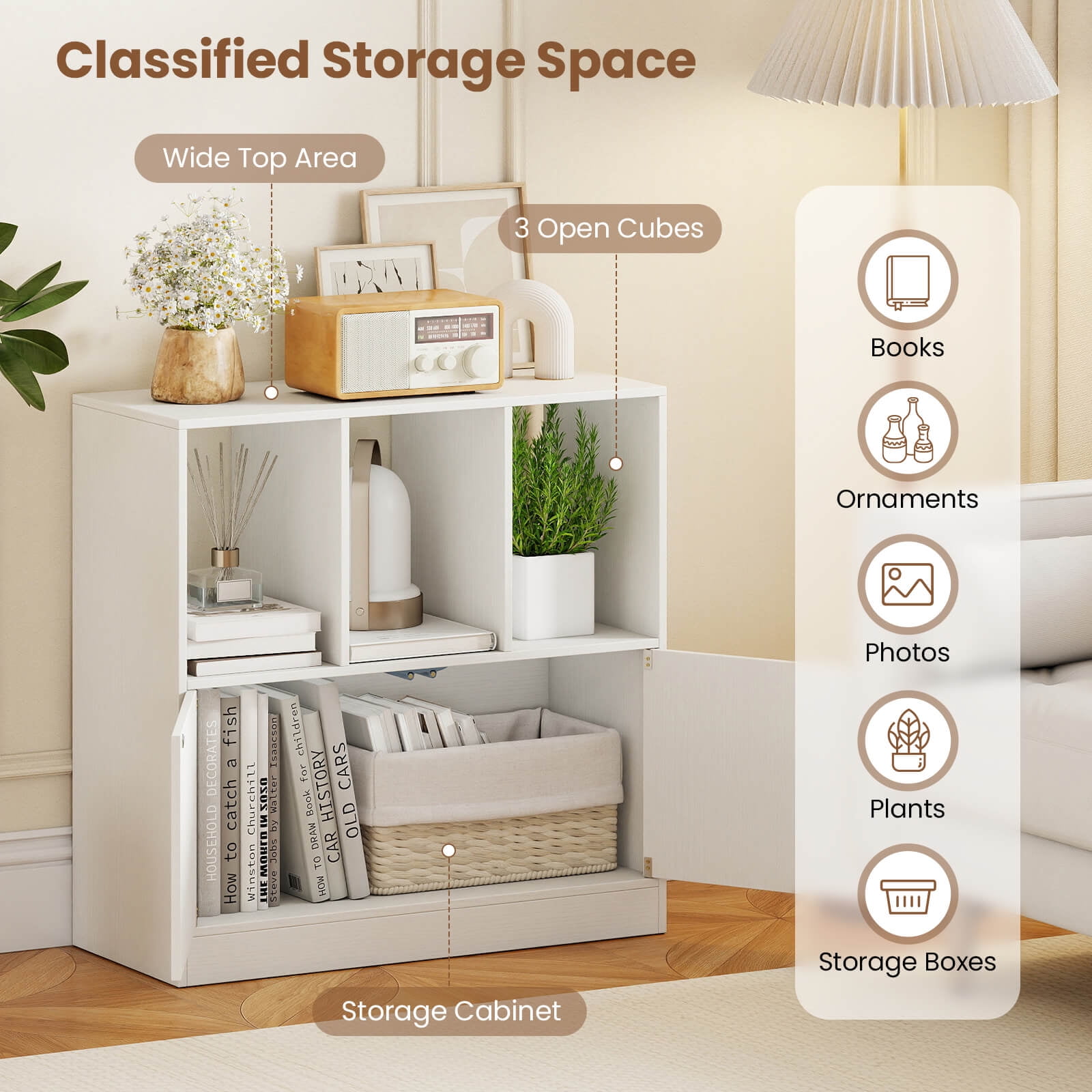 Costway 2 PCS Cube Bookcase with Doors, Open Compartments & Cabinet, Modern Display Shelf White