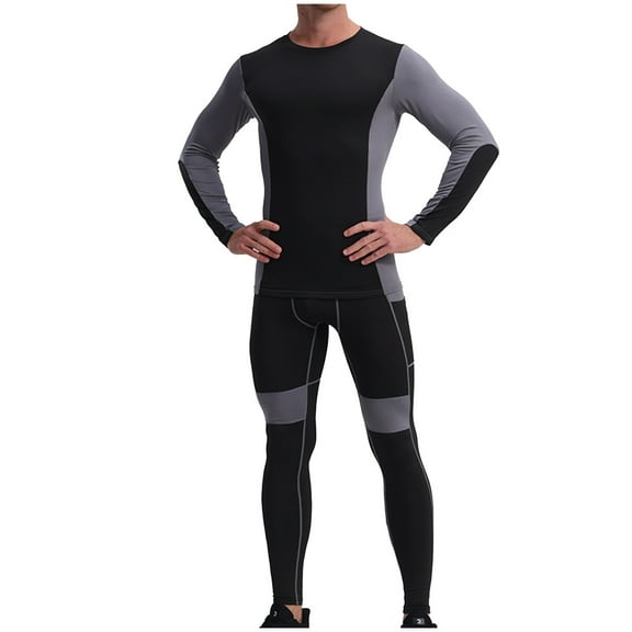 Dagugfen Workout Sets for Men Long Sleeve Athletic Tops Pants Tight Color Block Running Training Gym Outfits