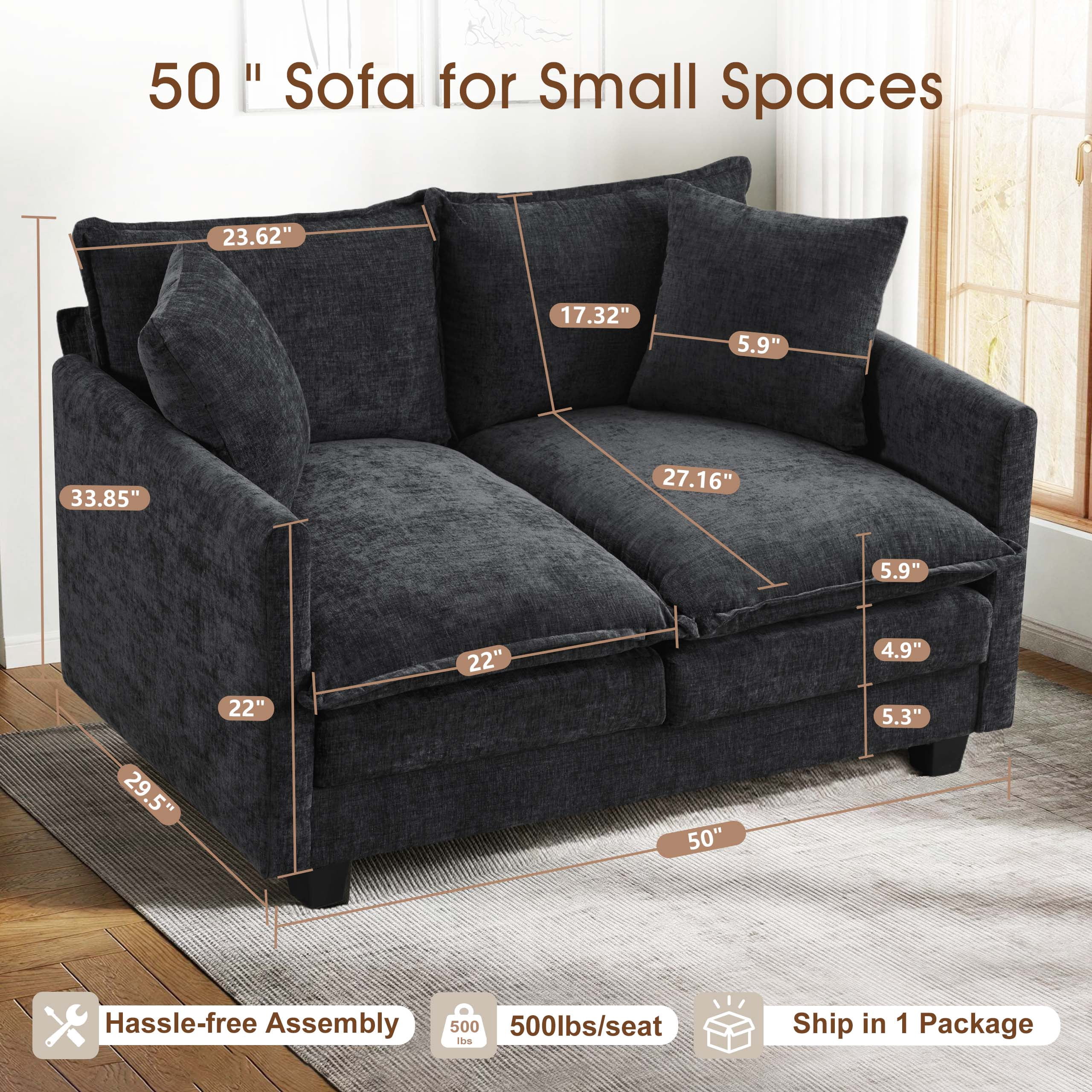 Dioepic 50" Loveseat Sofa Deep Seat Chenille Fabric with 2 Pillows for Living Room and Small Spaces, Black