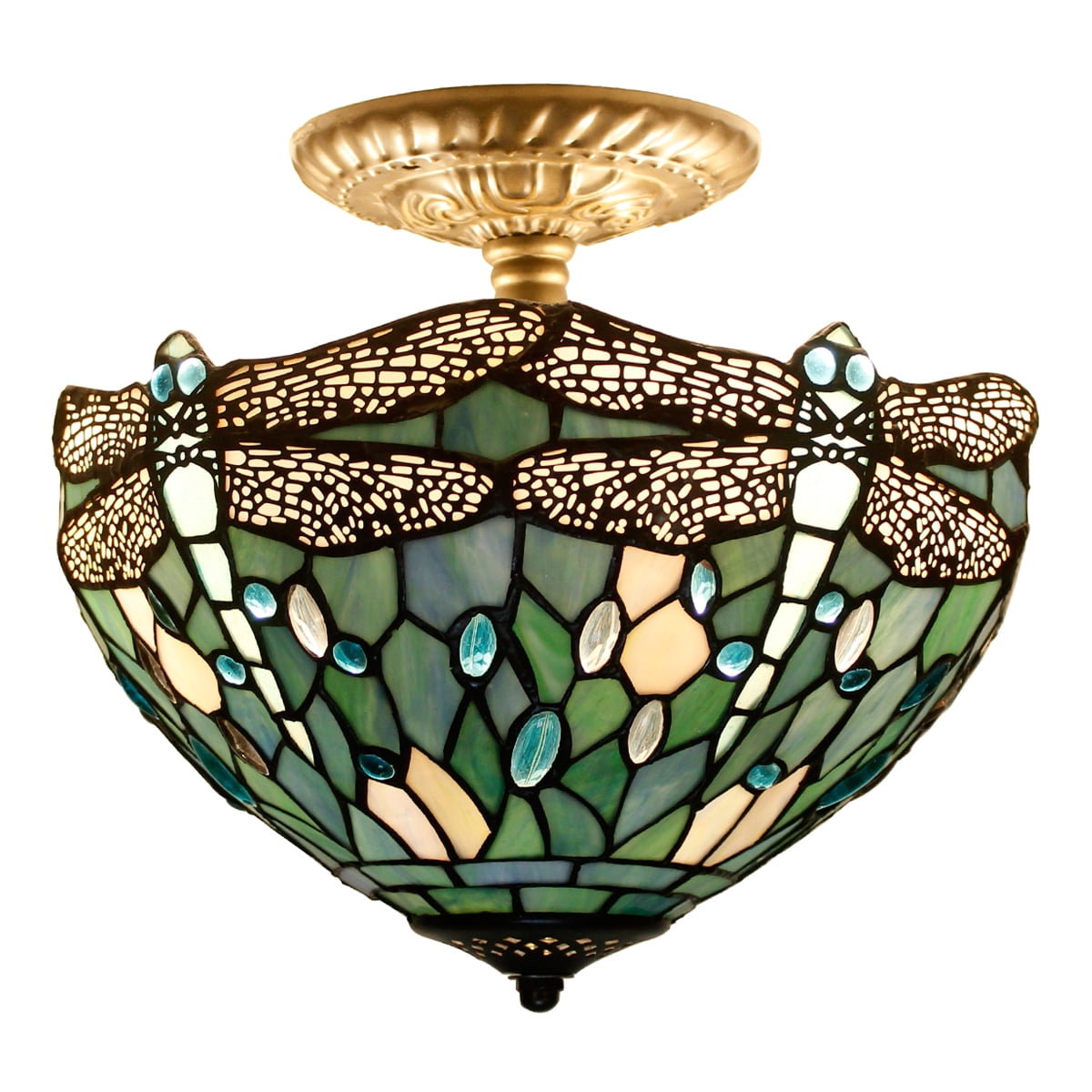 Tiffany Ceiling Light Fixture Semi Flush Mount 12" Sea Blue Stained Glass Dragonfly Cover Shade Overhead Close to Island Hanging Lamp Decor Bedroom Kitchen Dining Living Room Entry Hallway WERFACTORY
