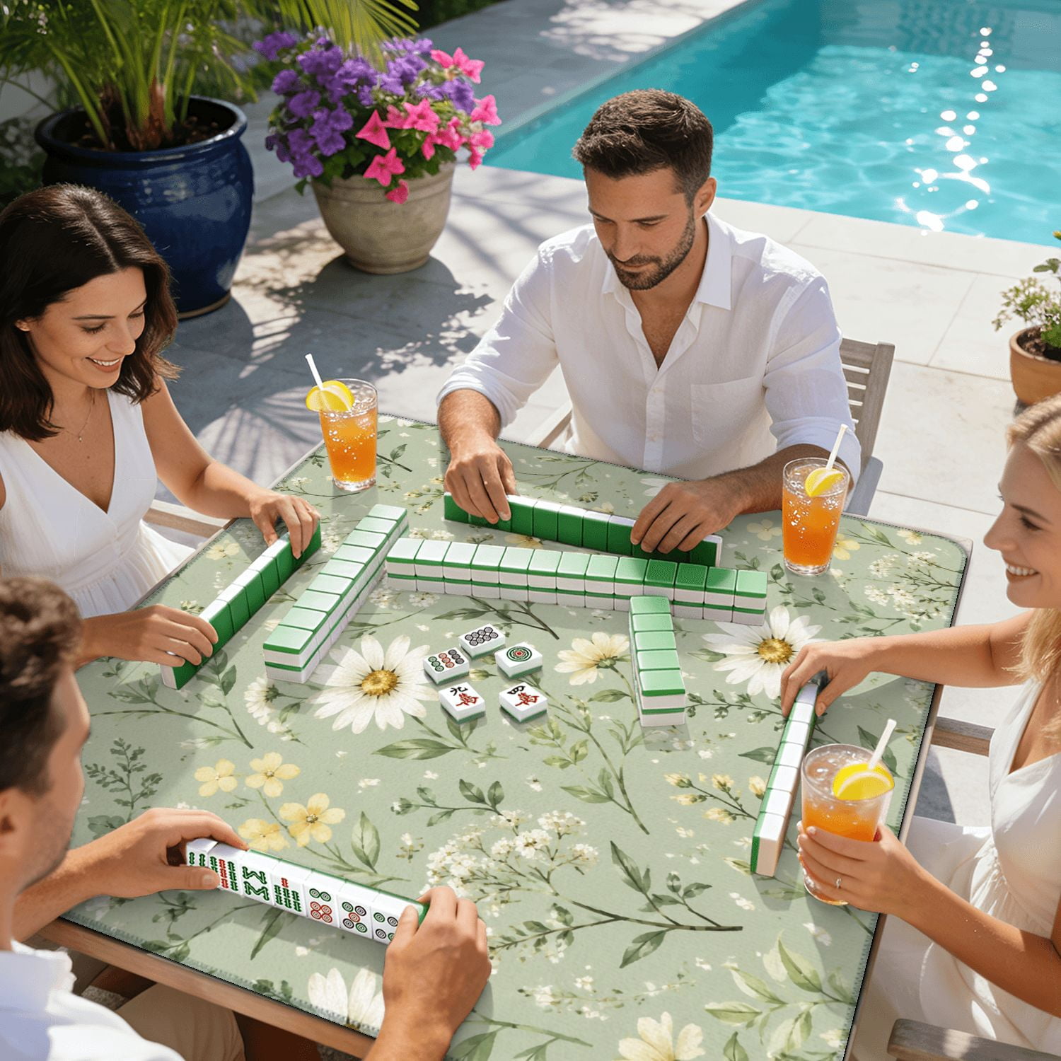 Mahjong Mat 31.5" x 31.5" Floral Daisy Wildflowers Pastel Green Non-Slip Noise Reduction American Mahjong Tiles Table Cover for Dominoes Poker Card Board Games Gift
