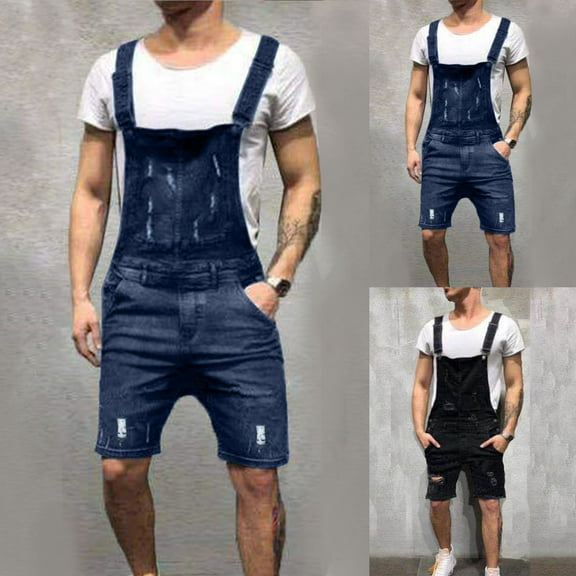 safuny Men's Denim Ripped Shorts Straight Overalls Summer Solid Sale Sleeveless Jumpsuit Rompers Fit Clearance Trendy Trousers Pocket Button Fashion Dark Blue S