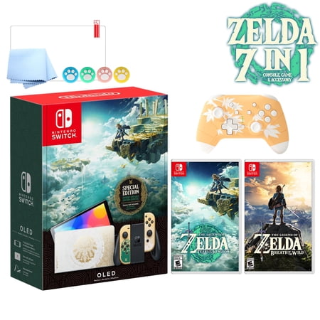2023 Nintendo Switch OLED Zelda Edition  Green & Gold Joy-Con 64GB Console  Hylian Themed White Dock  2 Zelda Games  Mytrix Maple Wireless Pro Controller & 3 Accessories: 7 in 1 Bundle -JP Version