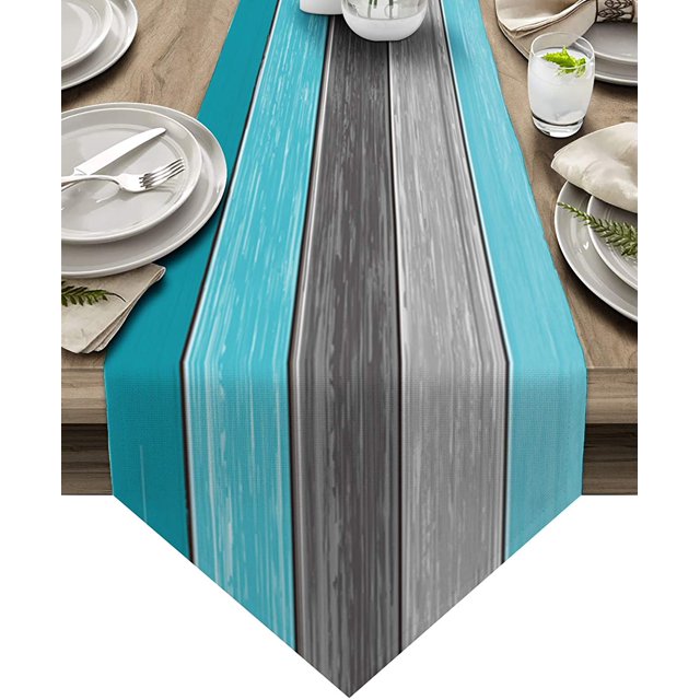GFDYREE Burlap Linen Rustic Table Runners 70 Inches Long, Retro Farm Wood Grain Aqua and Gray Table Runner Farmhouse Style for Coffee Table, Holiday Parties, Wedding, Events Dinner, Home Dec