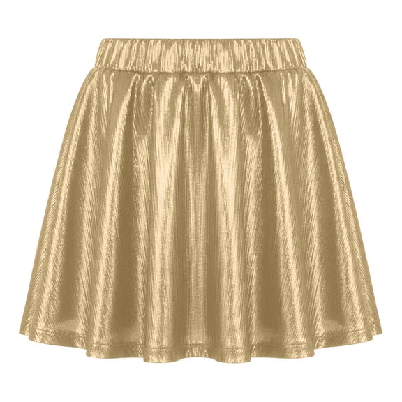 CUZIBR Girls Dance Skirt Shiny Sparkling Ruffled Elastic Waistband Flared Pleated Mini Skirts Performance Streetwear,Gold,4-5 Years