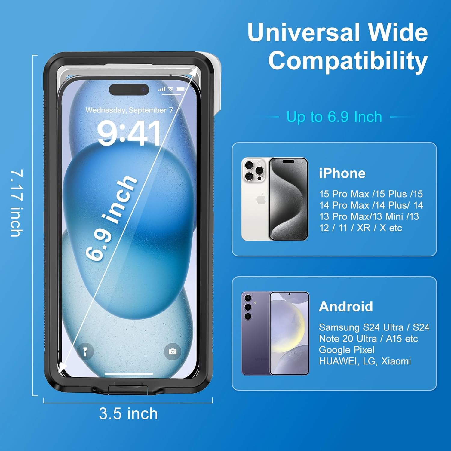 KOMI Waterproof Phone Case, Underwater Snorkeling Diving Phone Case, Universal Self-Check Water Proof Pouch Dry Bag Up to 6.9 Inch for iPhone 15/14/13/12/11/Samsung S24/S23/Google Series - Black