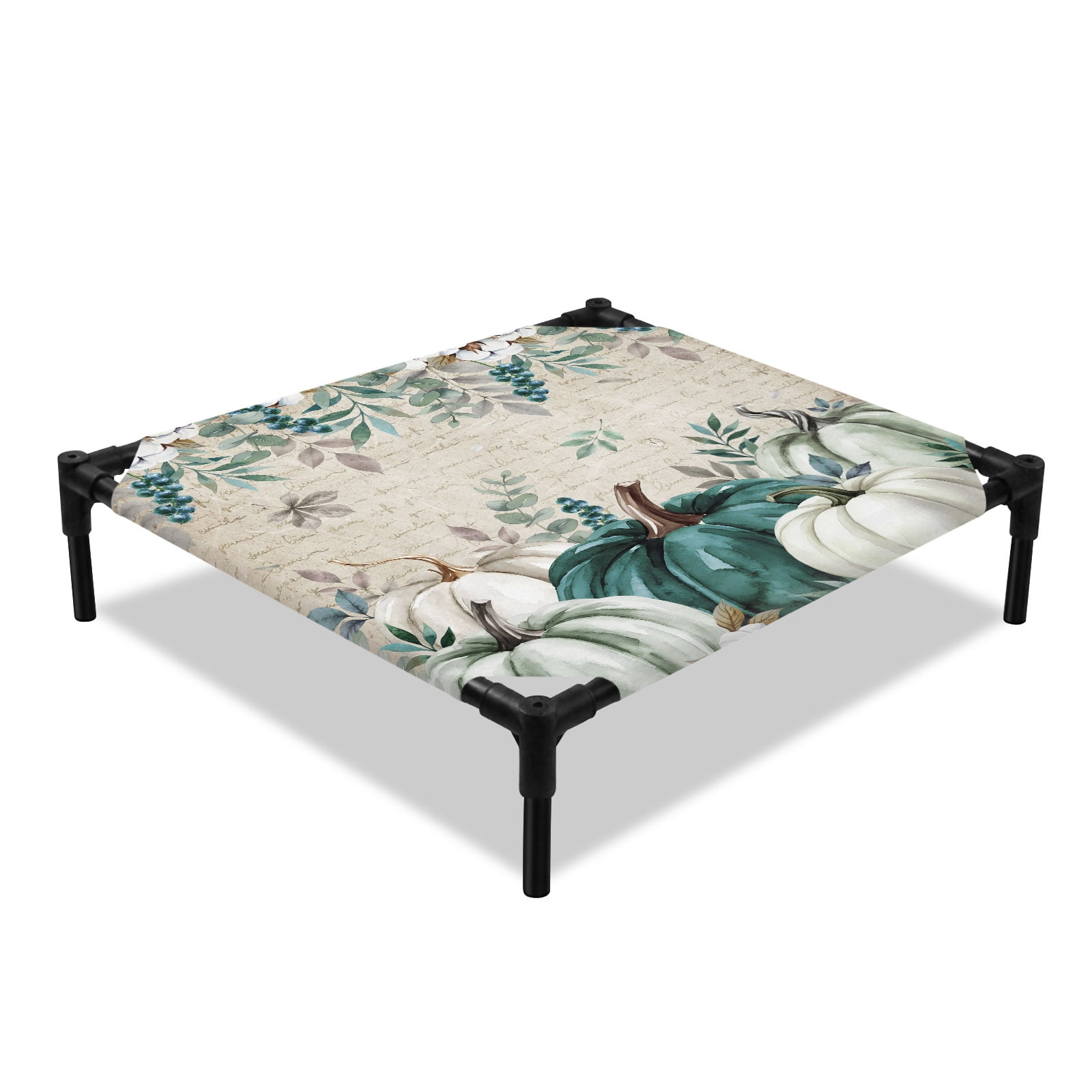 Thanksgiving Elevated Dog Bed Rustic Fall Green White Pumpkin Leaf Script Letter Cooling Breathable Outdoor Raised Dog Cot Bed with Metal Frame Non-Slip Feet for Small Dog 20x20in
