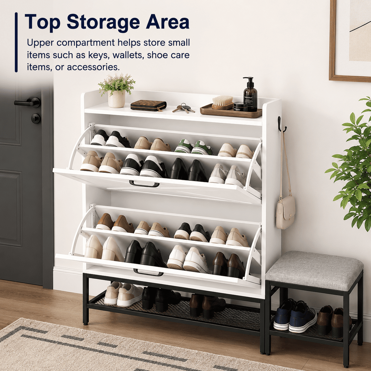 Alvantor Shoe Cabinet with Bench, 2 Flip-Down Drawers, Holds 10-14 Pairs, 39.4" W, White
