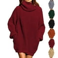 thumbnail image 4 of Vestido suéter de cuello alto Vestido jersey de manga larga Suéter de color puro de gran tamaño para mujer Rojo vino L, 4 of 6