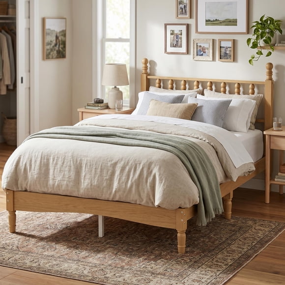 Homy Casa Full Size Solid Wood Platform Bed with Gourd Shaped Headboard, Natural Finish, Sturdy Slat Support, Easy Assembly