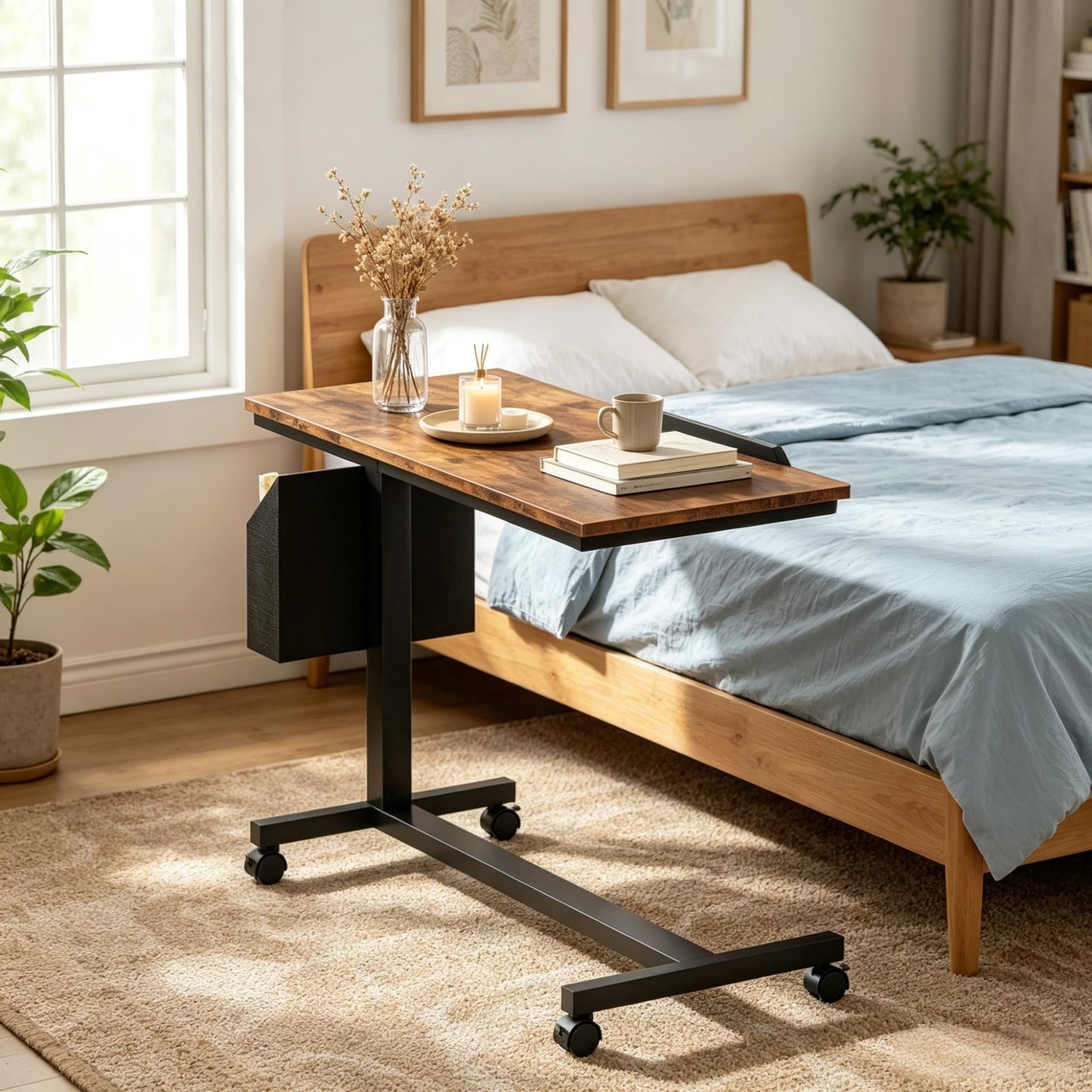 Mobile C Table, Adjustable Height Wood Side Table with Wheels, Tiltable Top, 45 lb Capacity
