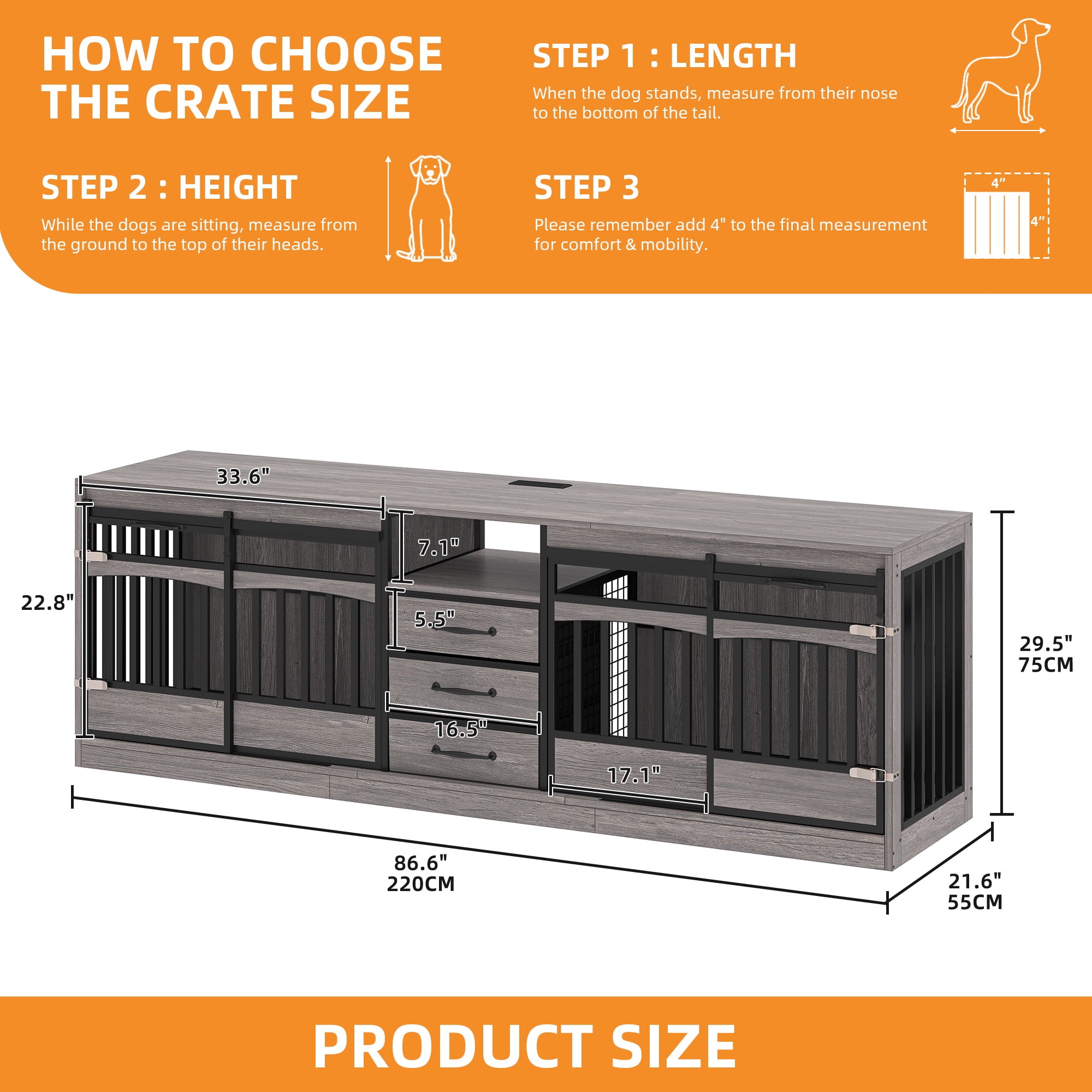 Homiflex 86" Large Double Dog Crate Furniture with 3 Storage Drawers & 1 Shelf Farmhouse Dog Kennel TV Stand Indoor for 2 Large Medium Dogs Decorative Dog Cage with Sliding Door Power Outlets Grey