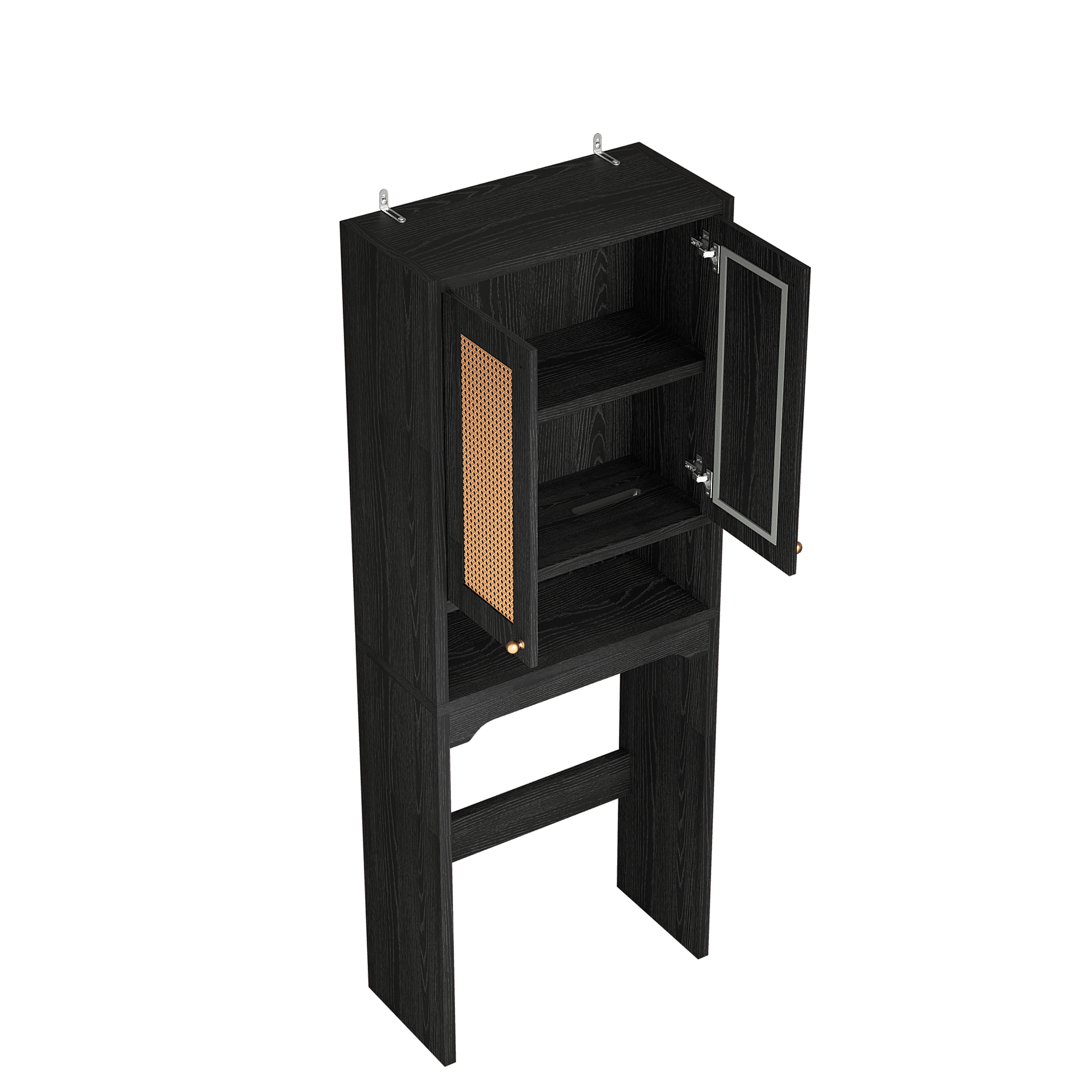Mintazer Farmhouse Over The Toilet Storage Cabinet, Freestanding Bathroom Organizer Toilet Rack with 2 Rattan Doors, Black