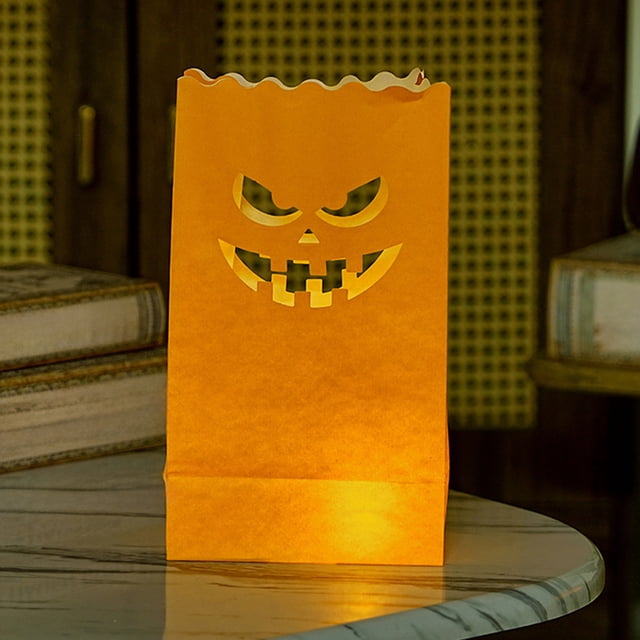 Bolso de velas luminosas de calabaza de Halloween | Farol electrónico sin llama | Papel ignífugo | Amarillo 15x26cm | Soporte seguro para velas de té en patios, porche y fiestas de pasarela