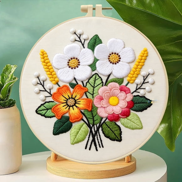 Aufmer DIY Handmade Craft Kit Colorful Floral Embroidery Material Pack Creative Hanging Painting Supply For Living Room Bedroom Wall Art Decoration Production(1 Set)