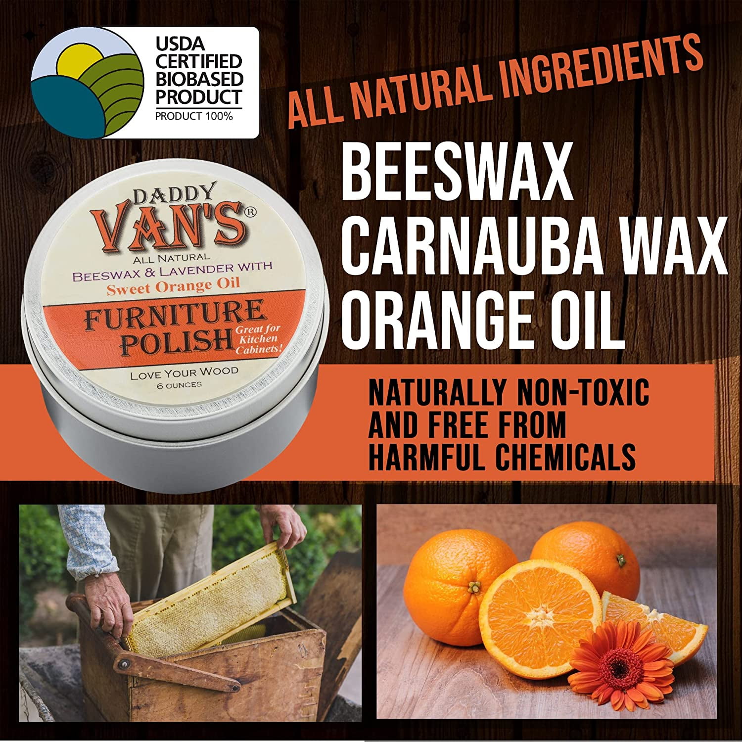 Beeswax Furniture Polish – Natural Wood Polish with Lavender & Sweet Orange Oil – Non-Toxic Chemical-Free Eco-Friendly Wood Conditioner – Safe for Kids & Pets – 6 oz