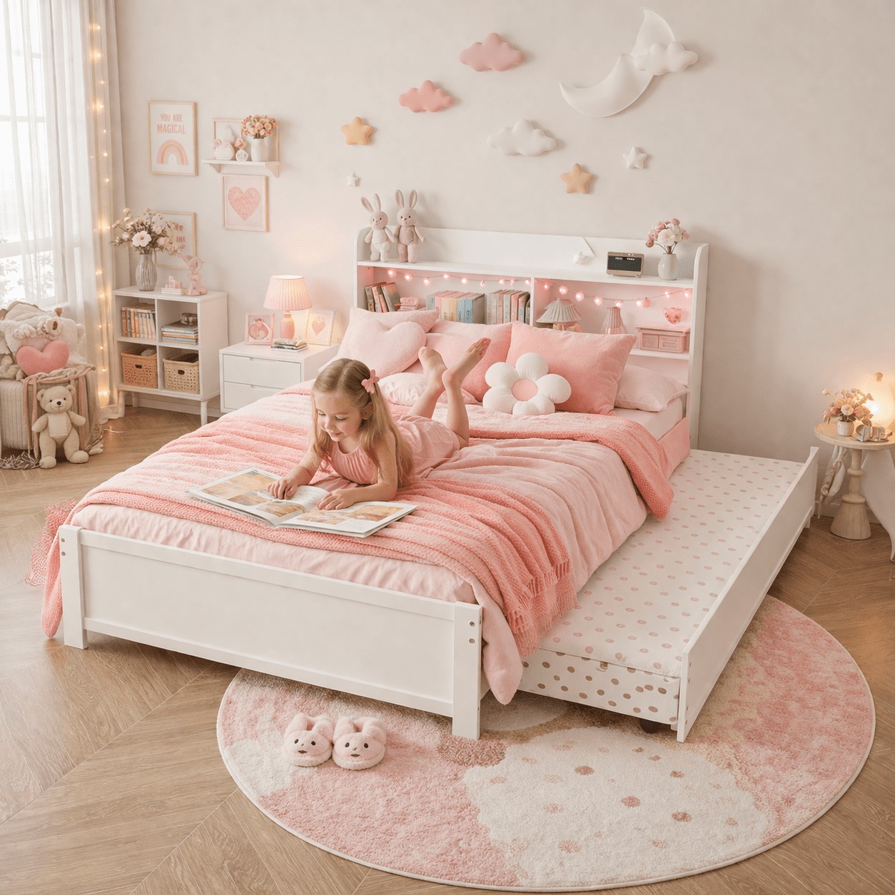 HSUNNS Twin Bed Frame with Trundle and Storage Bookcase, Modern Platform Twin Bed Frame for Girls and Boys, Solid Wood Trundle Bed with Headboard and Footboard, No Box Spring Needed, White