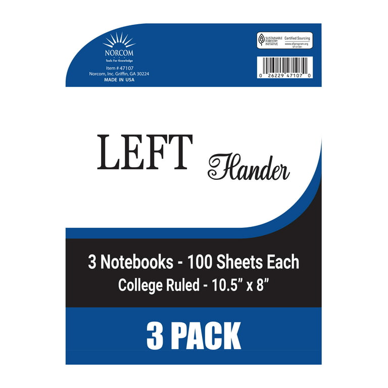 Norcom 3 Pack 100 Count Left-Handed Spiral Notebook, College Ruled (Black, Blue, and Red)