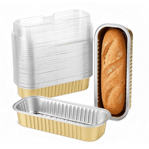 50 Disposable Aluminum Foil Baking Cups - Extra Thick Aluminum Foil Box, 6.8 oz Mini Toast Mold with Lid, 6.5 x 2.6 x 2 inch Cupcake Liners