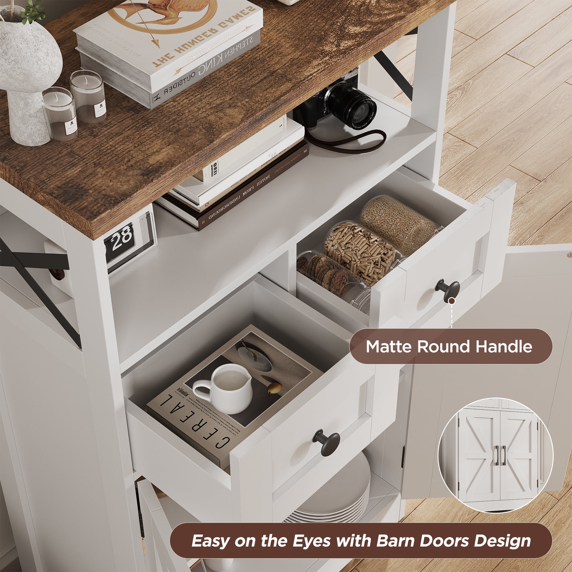 Farmhouse Storage Cabinet with Doors and Drawers, Freestanding Kitchen Pantry Cabinet Sideboard, White