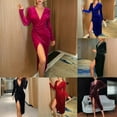 thumbnail image 5 of Women Velvet Bodycon V Neck Wrap Dress Ladies Party Cocktail High Slit Dress, 5 of 8