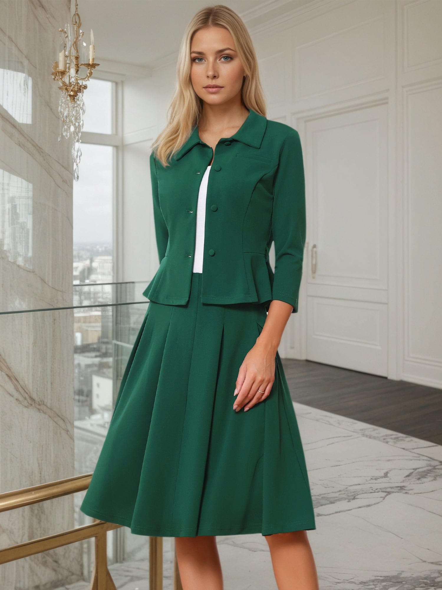 DARING DIVA 2Pcs Women's Office Blazer Jacket Pleated Skirt Suit Set M Dark Green