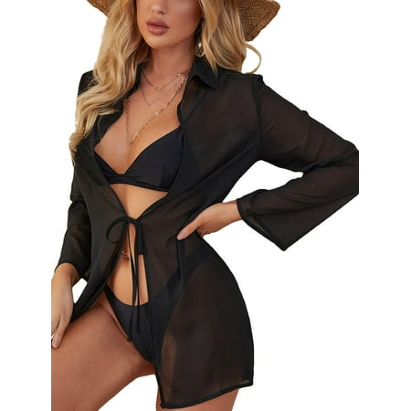 Women Bikini Cover-Ups Long Sleeve Solid See-Through Shirt Tie-Up Summer Swimsuit Beachwear