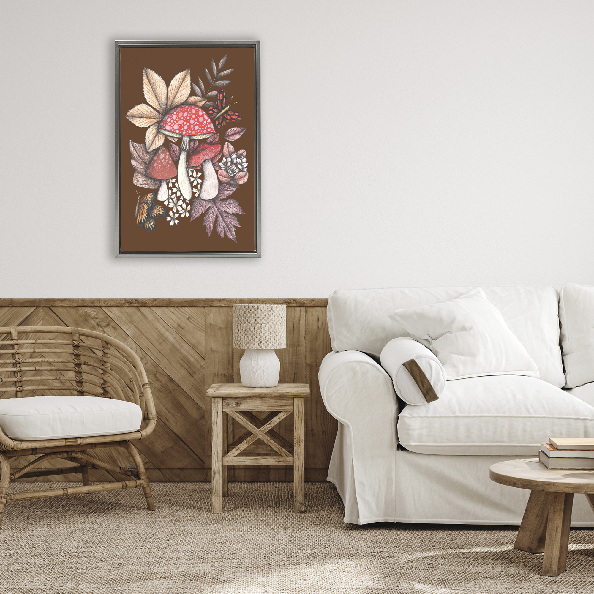 Autumnal Mushrooms Magic Gray Framed Floater Canvas Wall Art, design by Cecilia Battaini