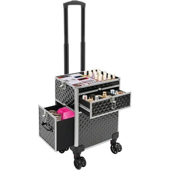Professional Rolling Makeup Train Case,Makeup Case Cosmetic Trolley Organizer Multi-Functional Cosmetic Travel Trolley With Wheels For Cosmetologist Nail Tech Hairstylist, Black