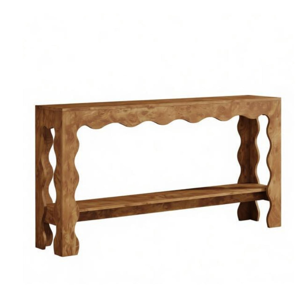 63 Inch 2-Tier Console Table with Scallop Design, Engineered Wood Accent Table with Curved Legs, Storage Sofa Table for Home Decor
