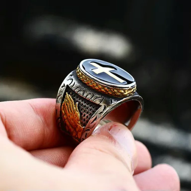 K-KED Vintage Prayer Praying Hands Cross Signet Ring Stainless