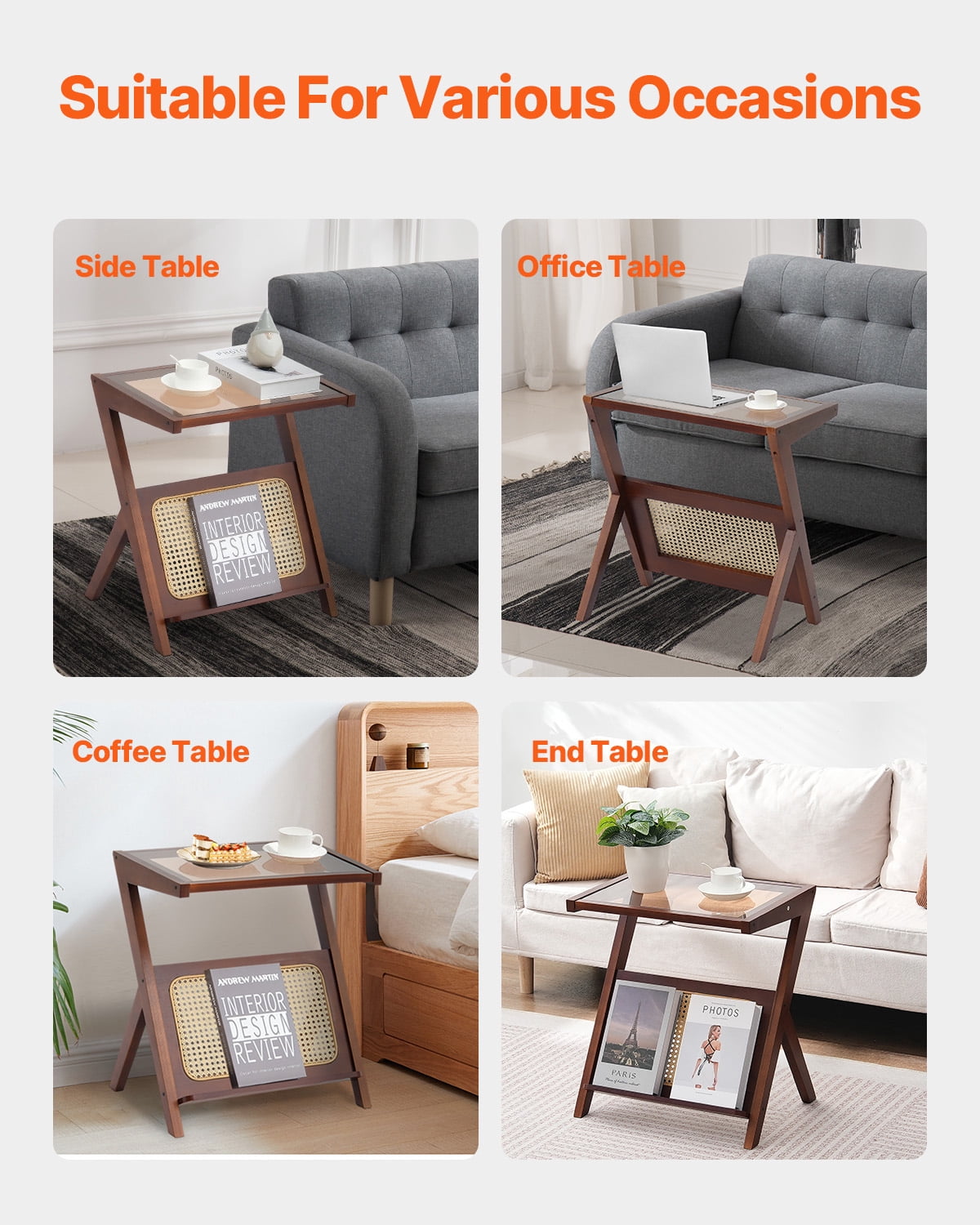 KFFKFF Bamboo Coffee Table, Contemporary Z-Form Rattan Weaved Table with Reinforced Glass Surface, 20” Bohemian Style Storage Table with Authentic Bamboo Stands, Suitable for Lounge, Bedroom