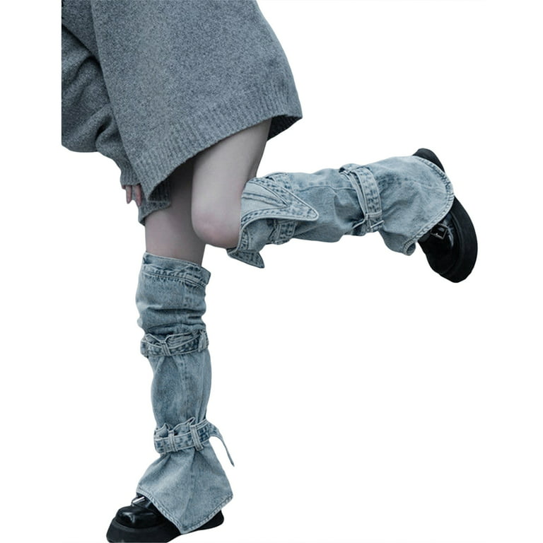 Lamuusaa Women\'s Denim Leg Warmers 80s Knee High Harajuku Buckle Jean  Socks Punk Gothic Leg Cover Stockings Streetwear (Blue , S )