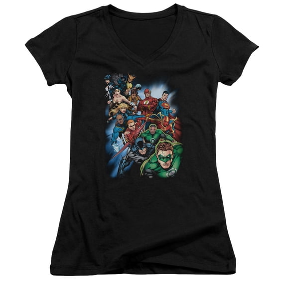 JLA Justice League Heroes Unite Junior Women's T-Shirt V-Neck Black