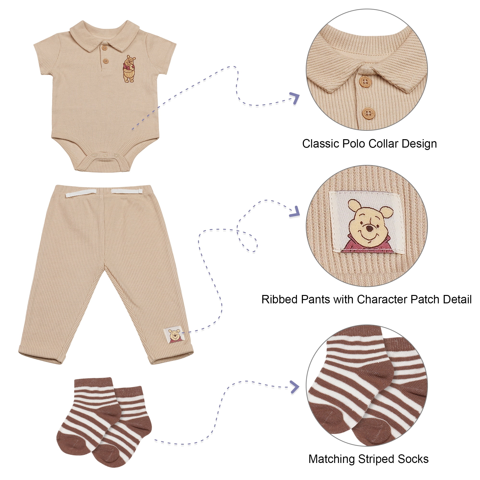 Disney Baby Boys 3-Piece Rib Pant Set – Short Sleeve Polo Bodysuit, Ribbed Jogger Pants & Socks – Mickey Mouse, Winnie the Pooh & Dumbo – Sizes (0-9M)